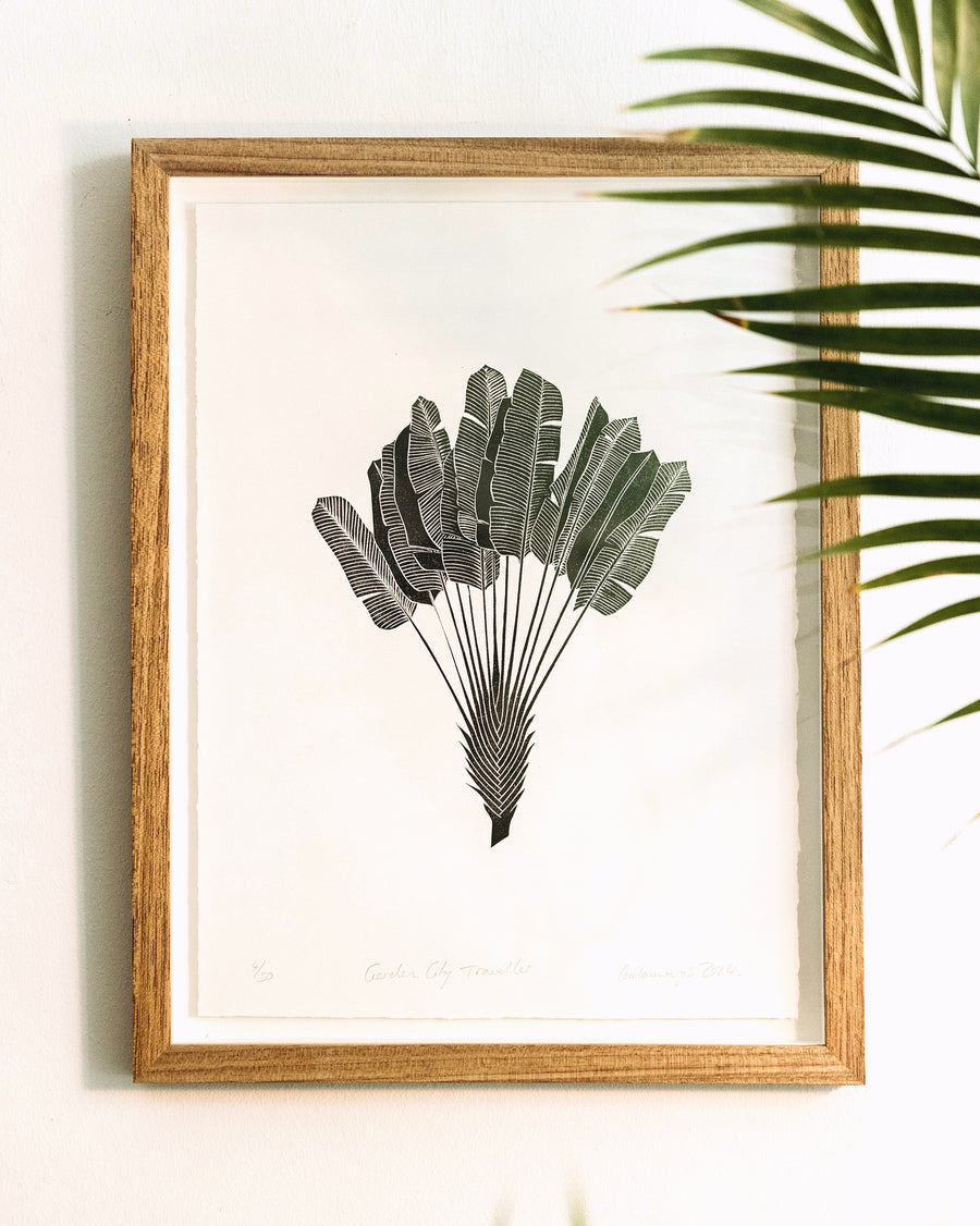 Handprinted traveller palm linoprint, botanical art, Singapore nature print, framed art, float mounted framed art, teak frame, limited edition, art for the home, wall art, home interior, botanic garden traveller's palm