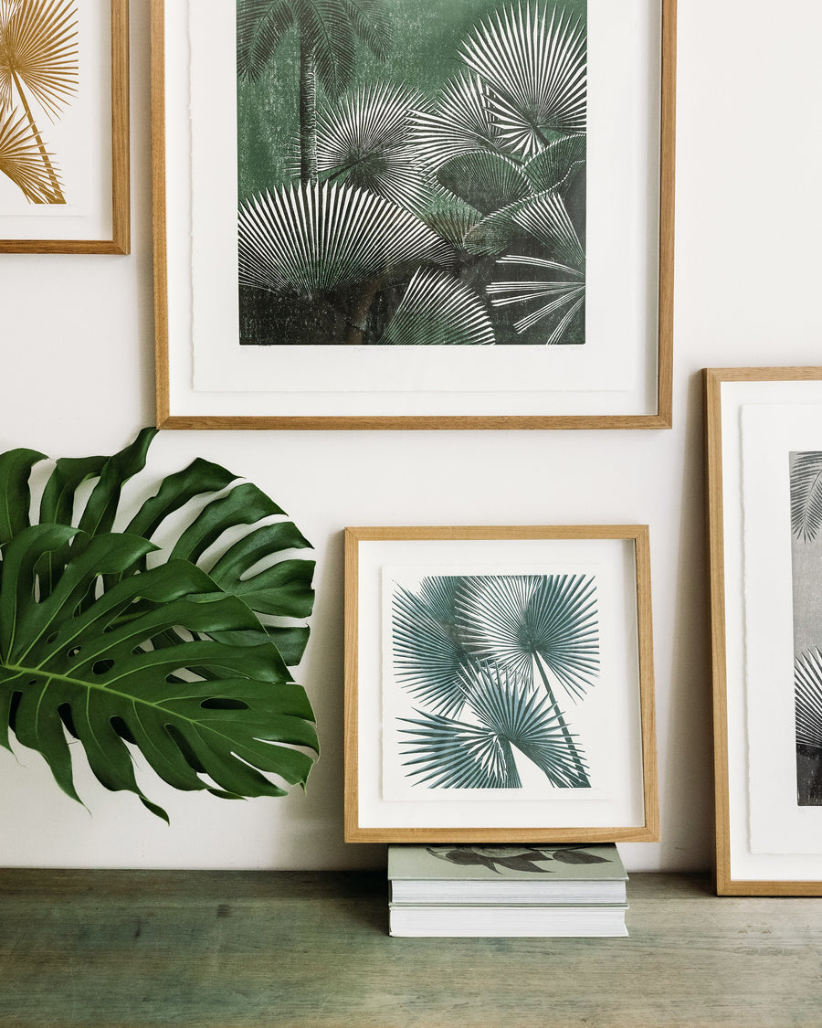 Botanical gallery wall, canopy study linoprint, art for your home, contemporary art, home interior design, modern home, nature print, hand printed, affordable art, botanic garden, singapore art, singapore gifts, gift guide, expat living, palms