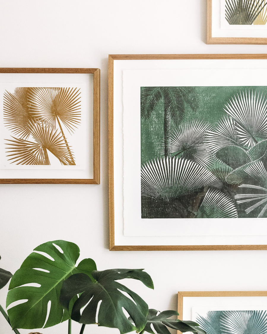 Original linoprint collection, gallery wall, palms,canopy study linoprint, botanical art, nature print, art for your home, modern home design, contemporary art, framed art, bespoke frame, affordable art, expat living, Singapore bismarck palm