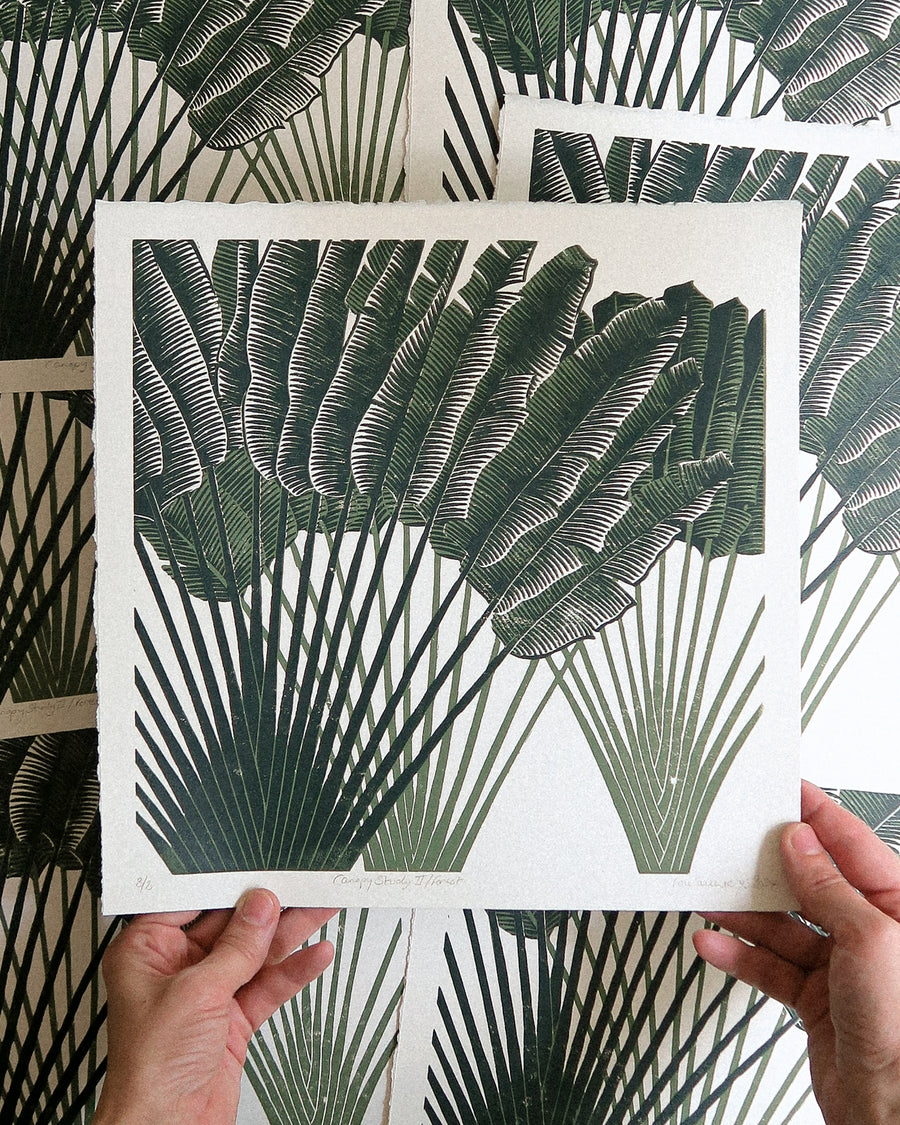 Canopy study linoprint forest, original artwork, contemporary art, limited edition, art for your home, home decor, home interiors, singapore gifts, gift guide, souvenir, travellers palm, nature print, forest, botanic garden