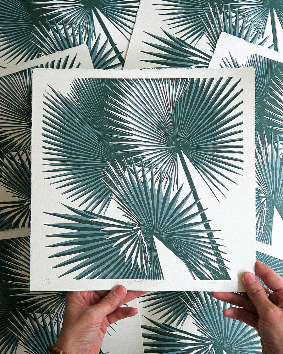 Canopy Study linoprint cyan, limited edition, framed and unframed, hand printed, home decor, wall art, home interior, handmade gift, gift guide, nature print, tropical, palm tree, Singapore art, sg art, expat living