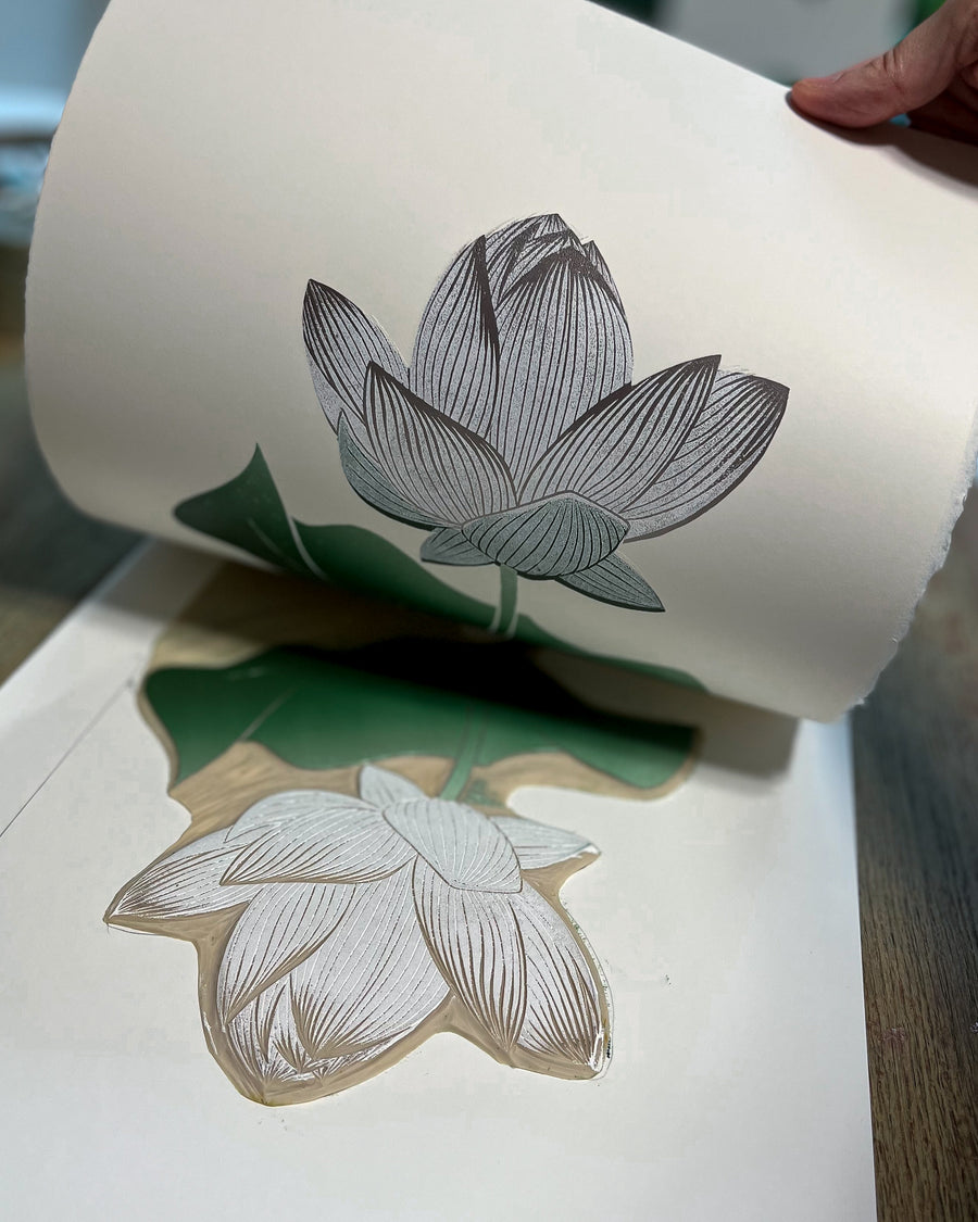 Botanic garden lotus linocut, lotus flower, original linoprint, botanical motif, nature print, hand printed, handmade art, unique, printmaker, printmaking process, singapore artist