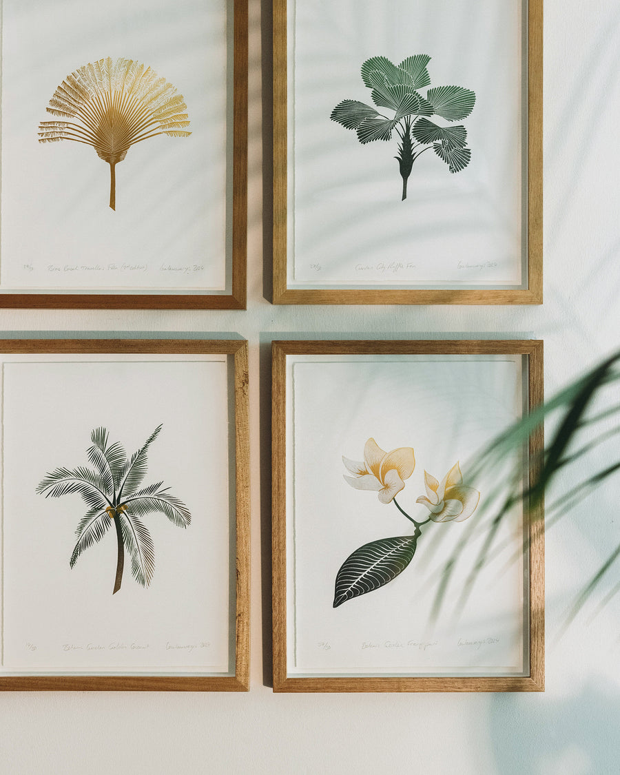 linoprint collection, gallery wall, art for the home, home interiors, float mounted framed art, bespoke frame, limited edition, botanical motifs, home decor, hand printed, wall art, botanic garden, singapore art, affordable art
