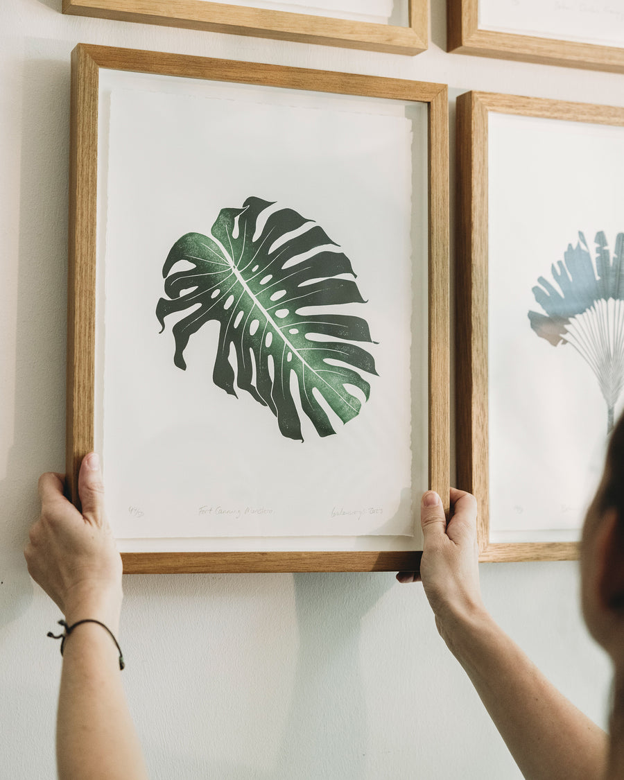Framed fort canning monstera, monstera plant, monstera art, affordable art, gallery wall, linoprint collection, art for the home, interior design, modern home design, home decor, botanic garden wall art, teak frame, limited edition, singapore gifts, gift guide