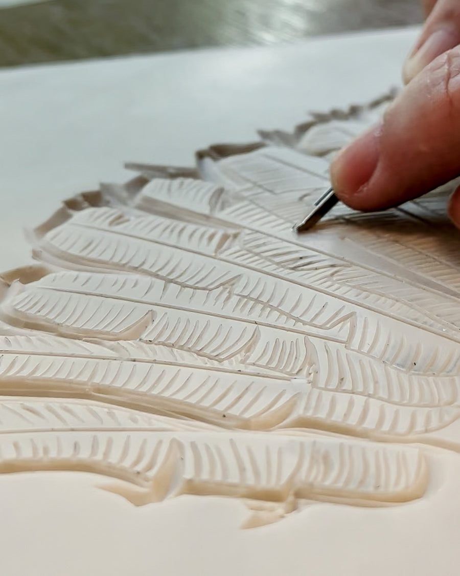 Hand carved linoprint, blue traveller, traveller palm linocut, handmade gift, unique art, printmaking process, tropical art, botanical motif, botanic garden, printmaker