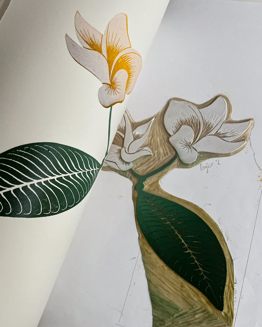 original frangipani linocut, botanic garden print, handcarved, handmade gift, limited edition, nature print, printmaking process