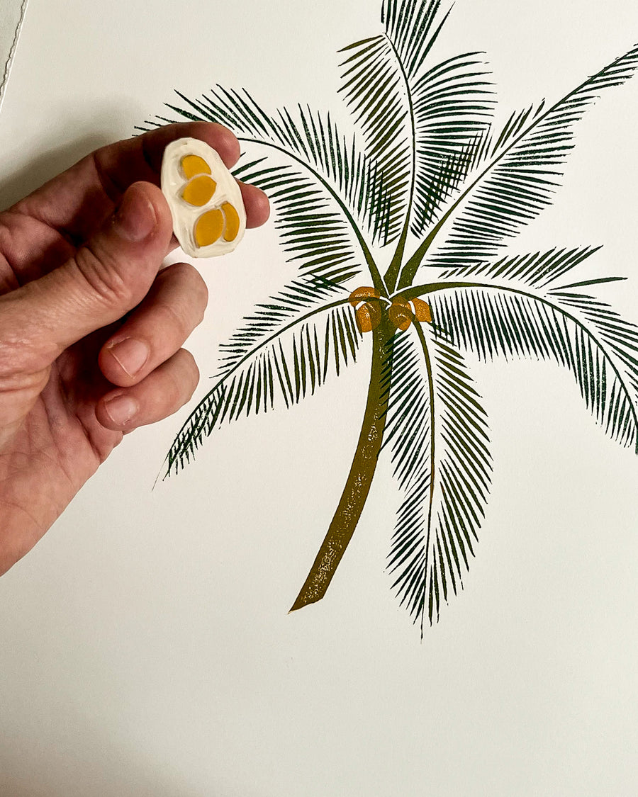 Handprinted botanic garden golden coconut, handmade, linocut, handmade gift, nature print, printmaking process, tropical, botanic motif