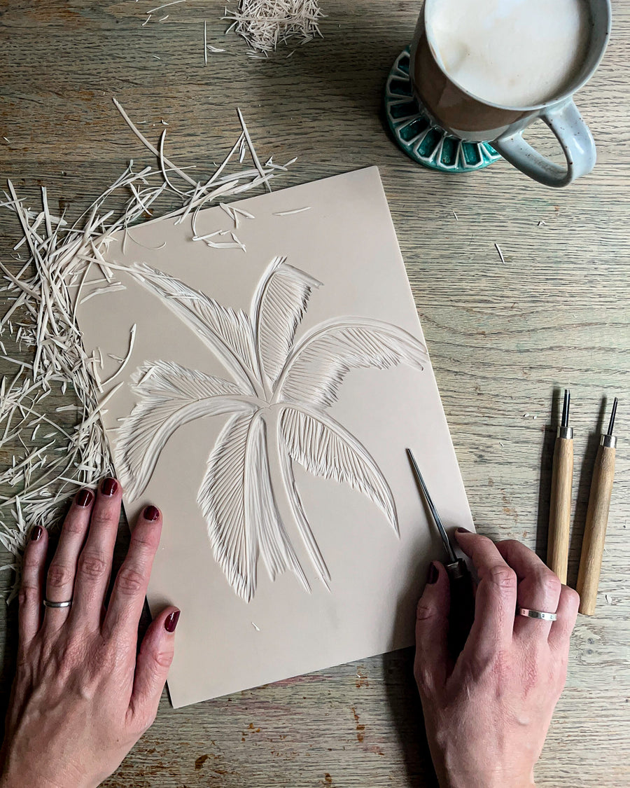 Golden coconut linoprint, hand carved, Handmade art, singapore artist, sgart, printmaker, printmaking process, unique, original linocut, botanic garden 