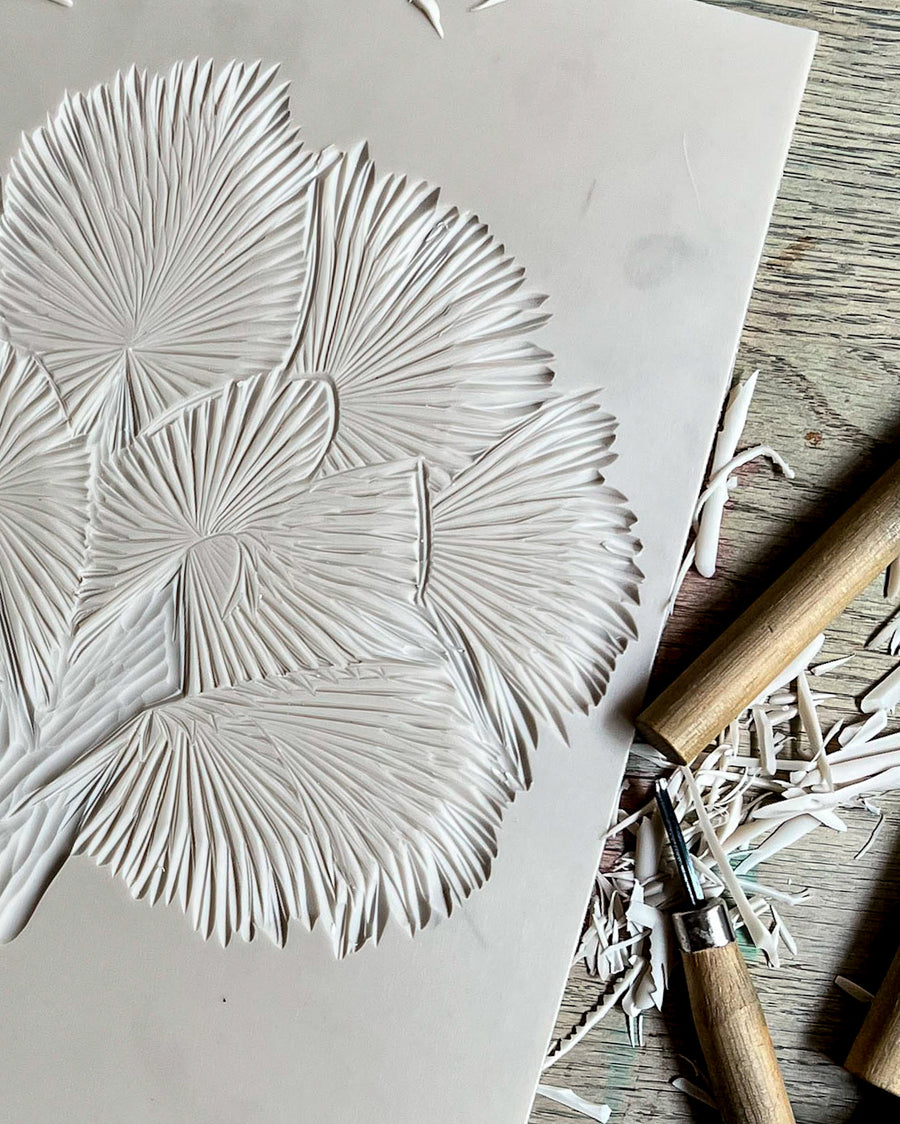 Botanic garden silver bismarck, hand carved linoprint, original linocut, botanical motif, nature print, unique, singapore artist, printmaker, printmaking process