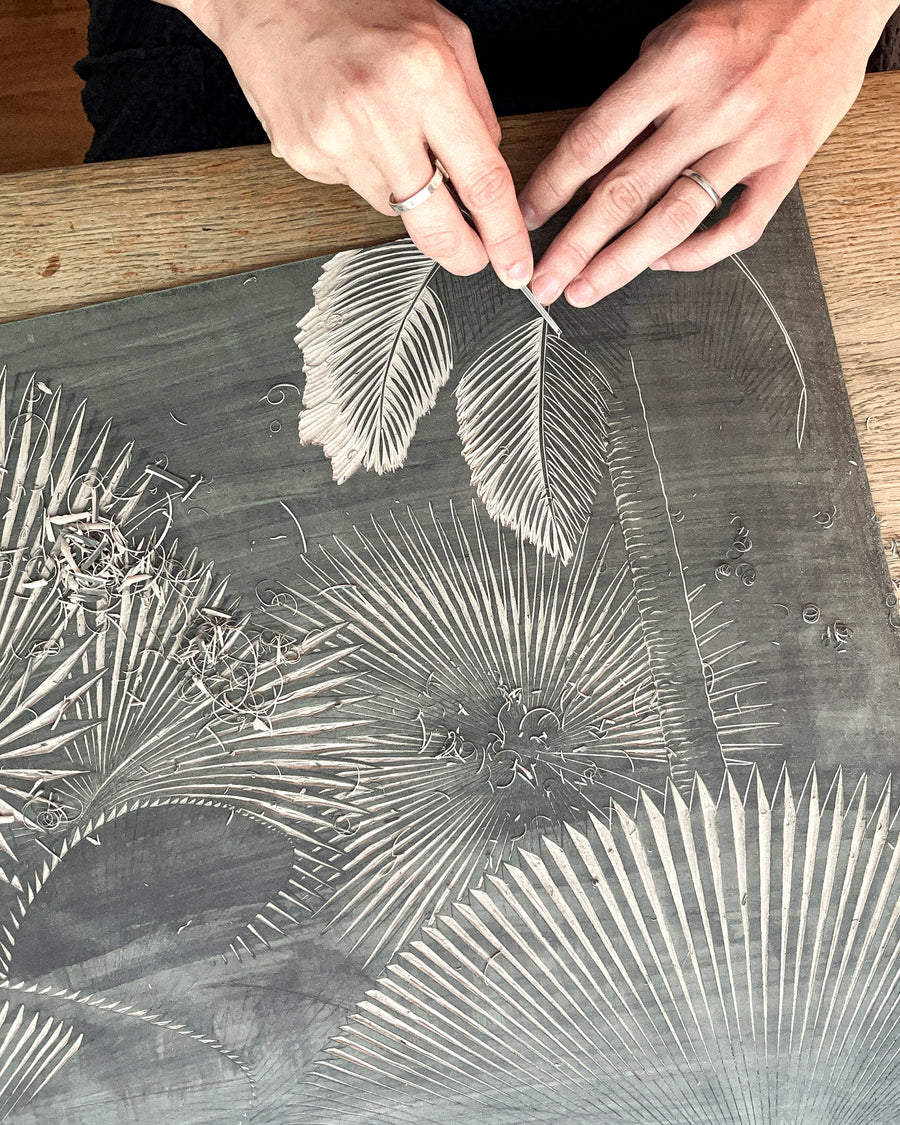 Botanic walk linocut, original linoprint, hand carved, hand printed, handmade art, printmaker, singapore artist, printmaking process, reduction linocut, nature print, unique