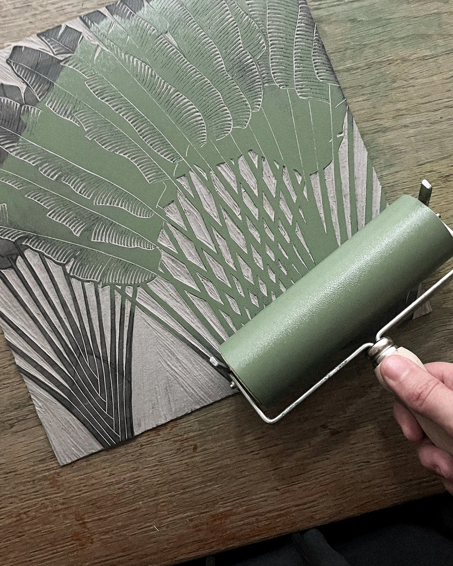 Canopy study linocut, original linoprint, printmaking process, traveller's palm, hand carved, hand printed, unique, tropical, forest, nature print, botanic garden