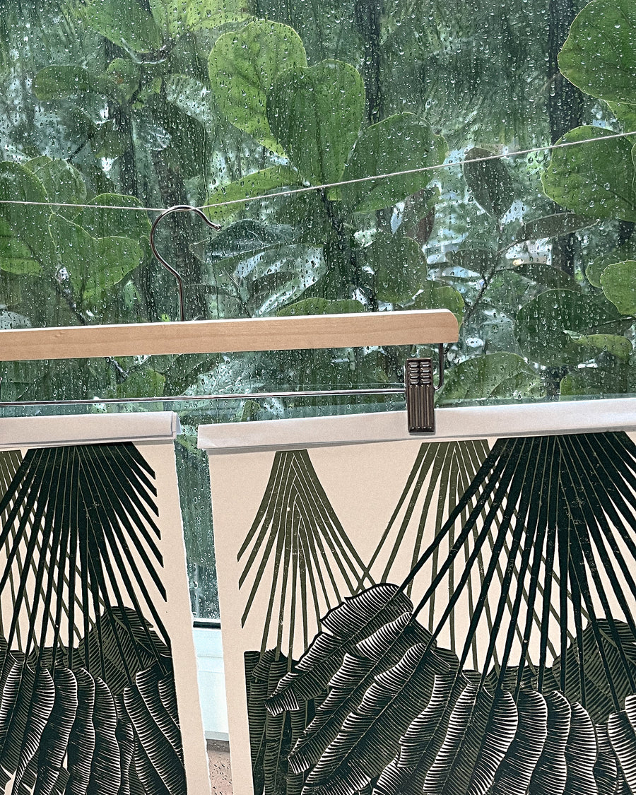 Canopy study linoprint, printmaking process, singapore artist, printmaker, handmade art, hand printed, unique, forest, tropical, traveller's palm