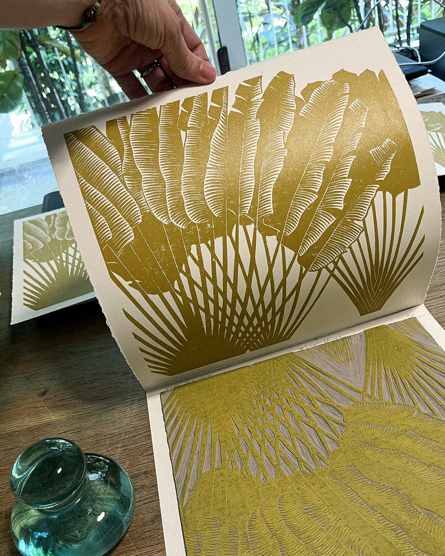Canopy study linoprint ochre, handmade art, original art, limited edition, wall art, home decor, affordable art, printmaking process, botanic garden, tropical, travellers palm
