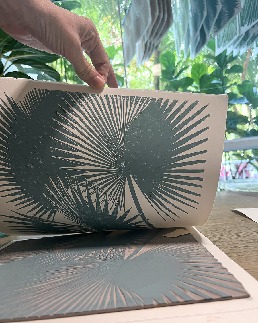 Canopy study linoprint cyan, hand printed, original art, handmade, botanic garden, tropical, palm tree, printmaker, printmaking process, cotton paper, reduction linocut