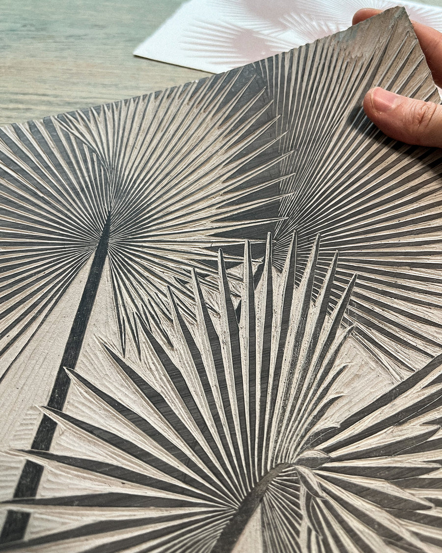 Canopy study original linocut, hand carved, handmade art, hand printed, singapore artist, palm tree, botanical art, printmaking process, unique, tropical