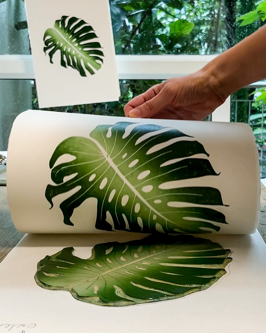Hand printed monstera, original linocut, botanical motif, printmaker, unique art, singapore art, handmade gift, printmaking process, cotton paper, limited edition, home decor