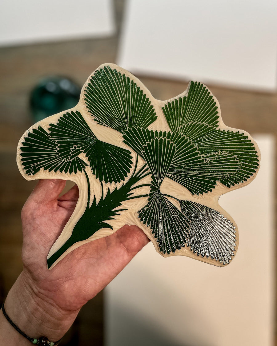 Original hand carved linoprint, garden city ruffle fan, botanical art, handmade, hand printed, unique, singapore artist, sg art, printmaking process
