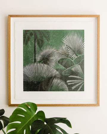Emerald botanic walk linoprint, original art, limited edition, bespoke frame, float mount frame, botanic garden, nature print, wall art, home decor, home interiors, handmade, expat living, gift guide, singapore art, palm, coconut