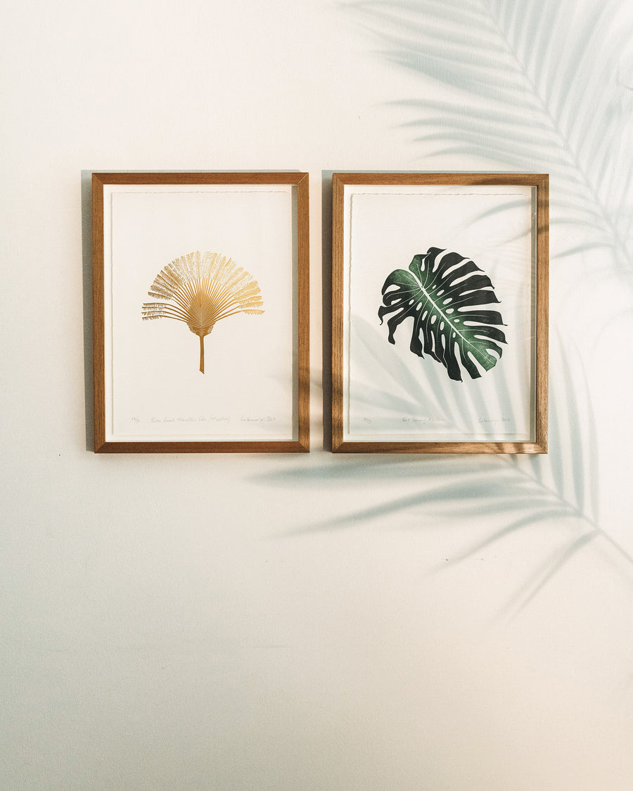Traveller palm linoprint gallery wall, art for the home, modern home design, interior design, affordable art, botanic garden, tropical art, souvenir, home decor, framed art, float mounted frame, limited edition